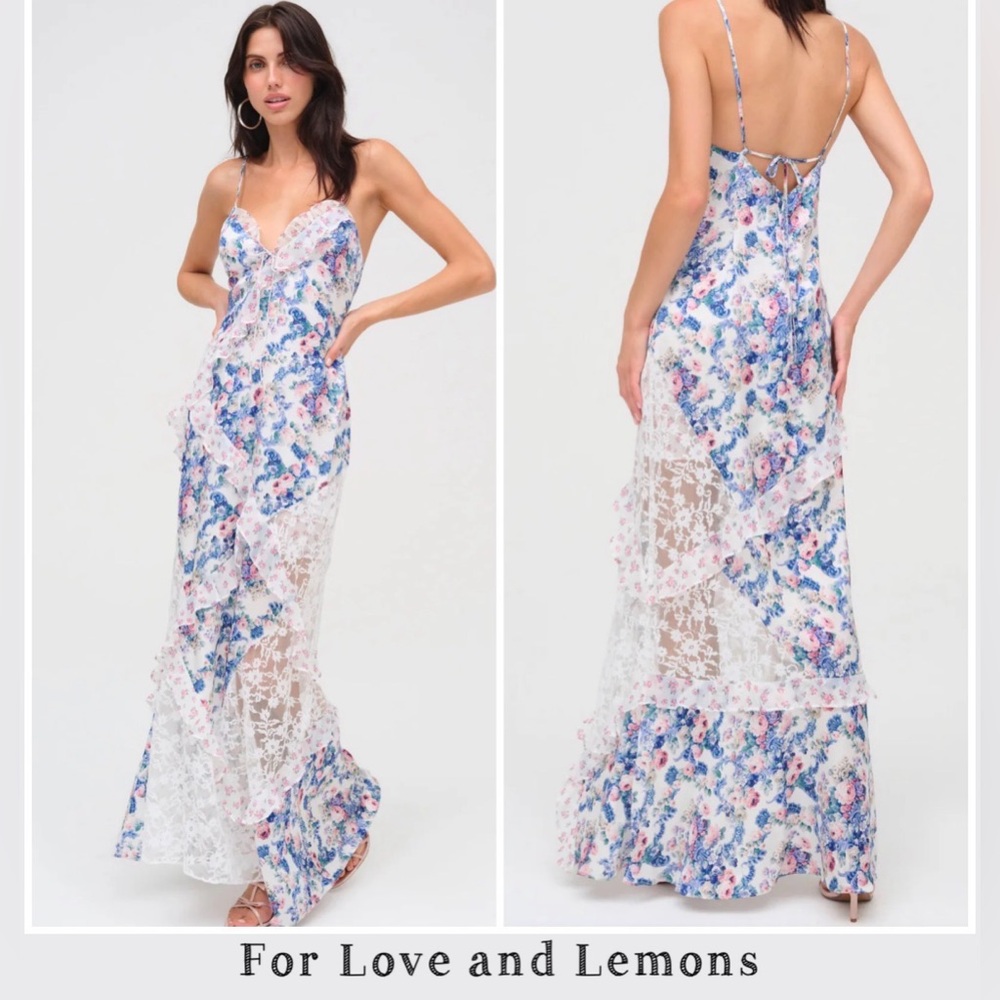 New For Love And Lemons JOSALYN Blue and White Floral Maxi Dress